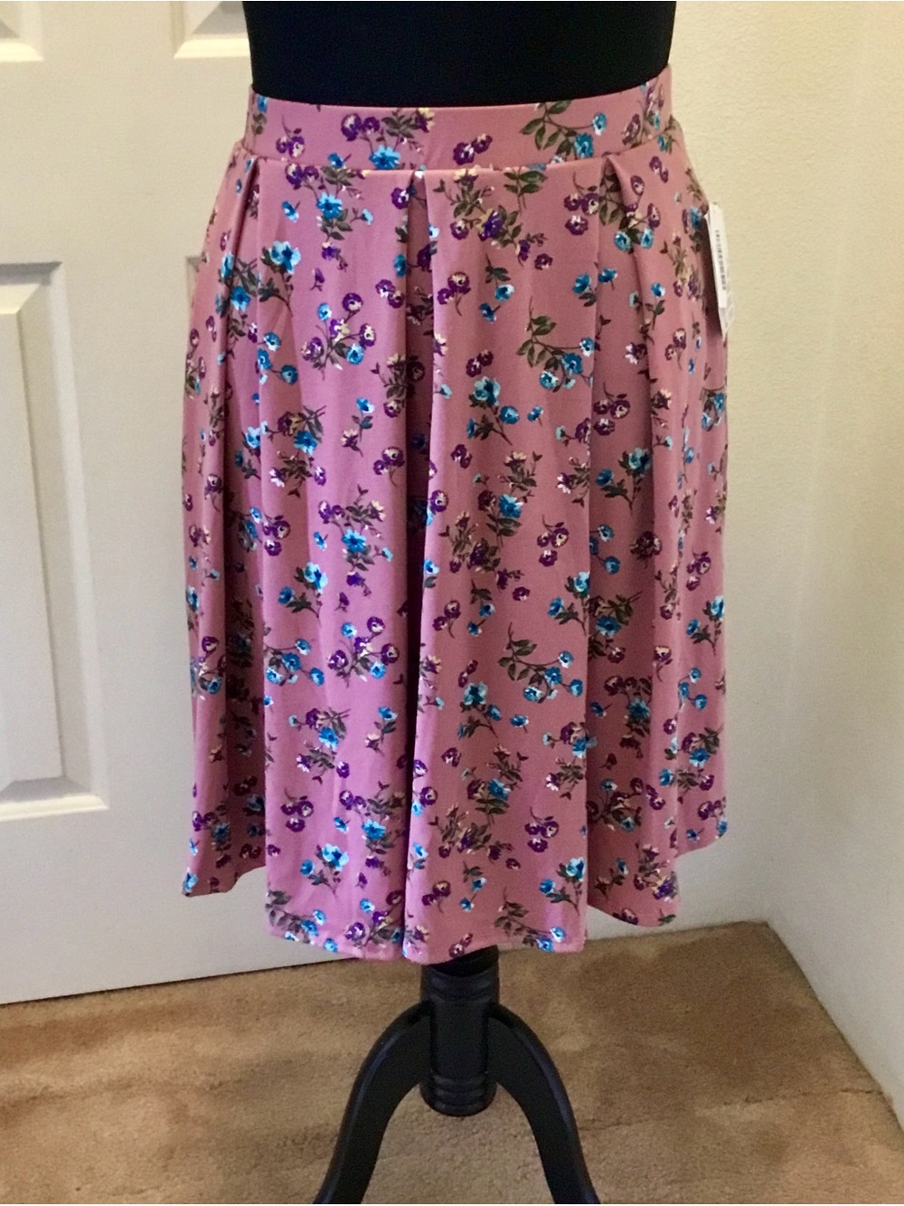 LuLaRoe Pink Floral A-Line Midi Skirt with Blue & Purple Accents